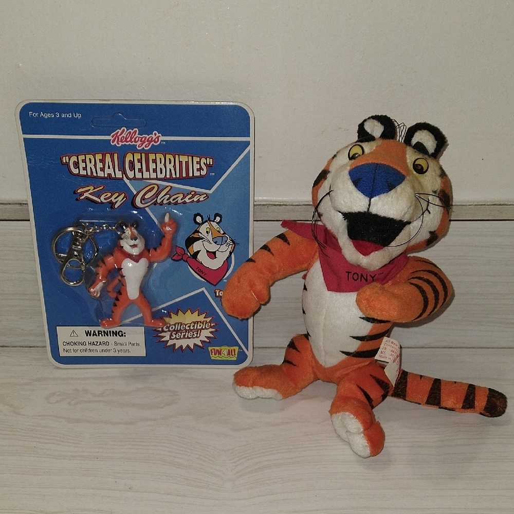 Vintage 1990s Tony the Tiger Plush Toy with Cereal Celebrities Keychain Set